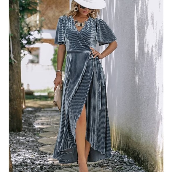 Elegant Simplee Plus, Steel Blue Ribbed Velour High Low Wrap Dress. Short Sleeve - Picture 2 of 16